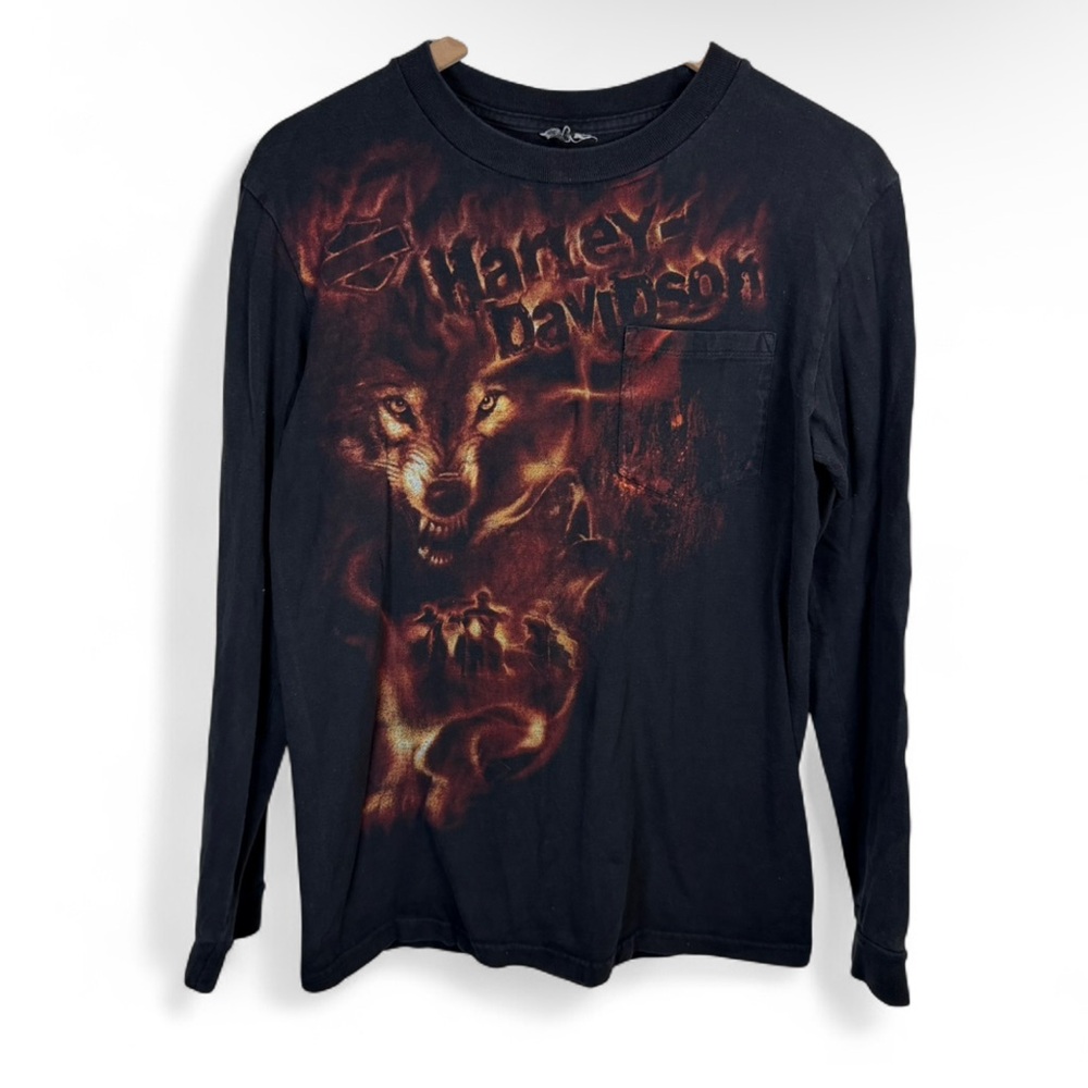 VTG 90s Harley Davidson Flame Wolf Long Sleeve Black T Shirt Men’s Size M? Moto